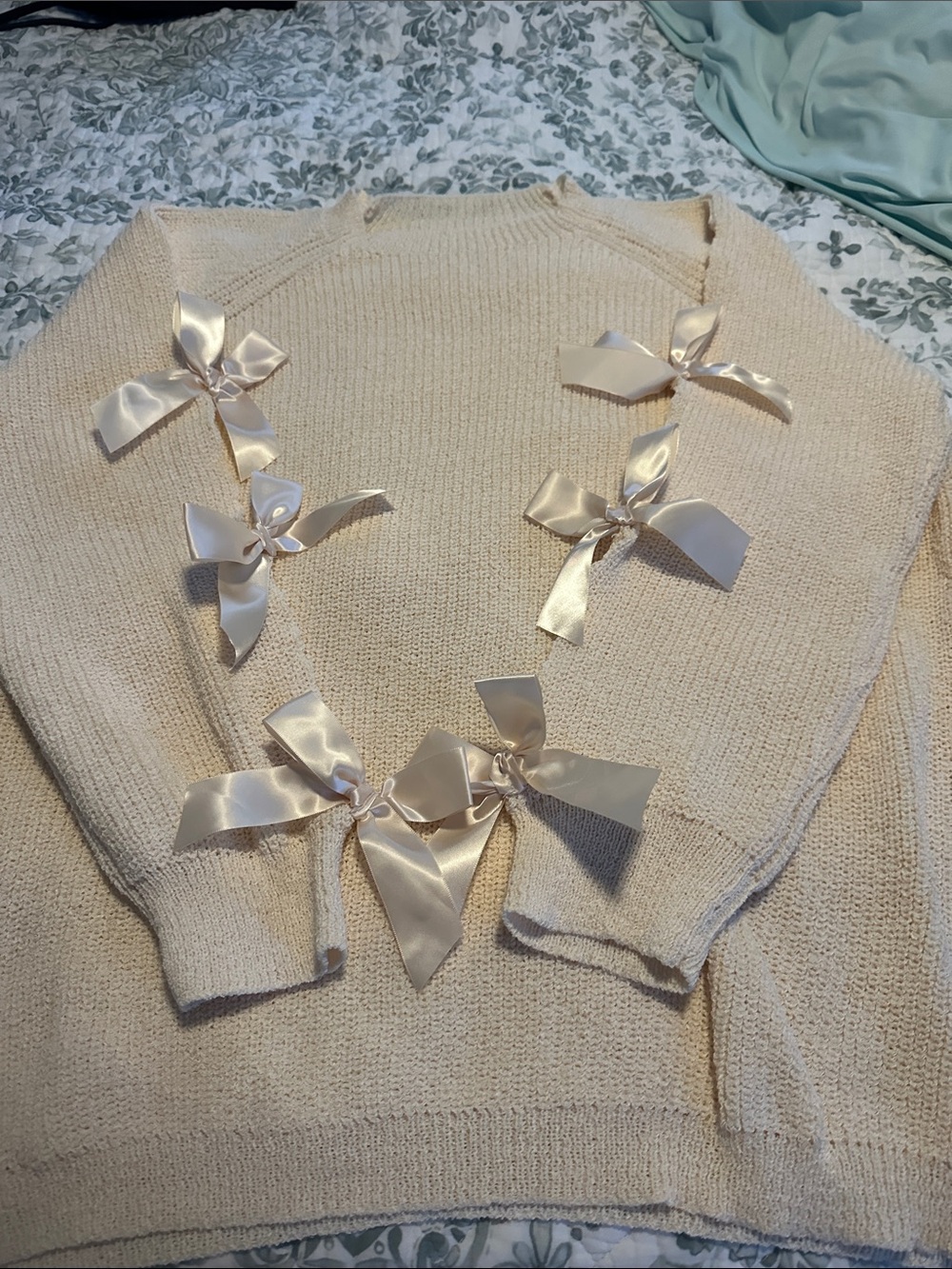 SHEIN Cream Knit Sweater with Satin Ribbon Bows